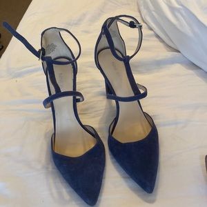 Blue suede strappy stilettos. Heel height, 4.25